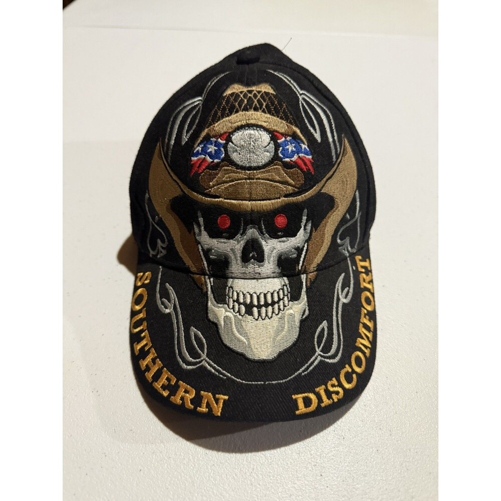 Hot Leathers Design Southern Discomfort Cowboy Skull Strapback Cap Hat Black Y2K